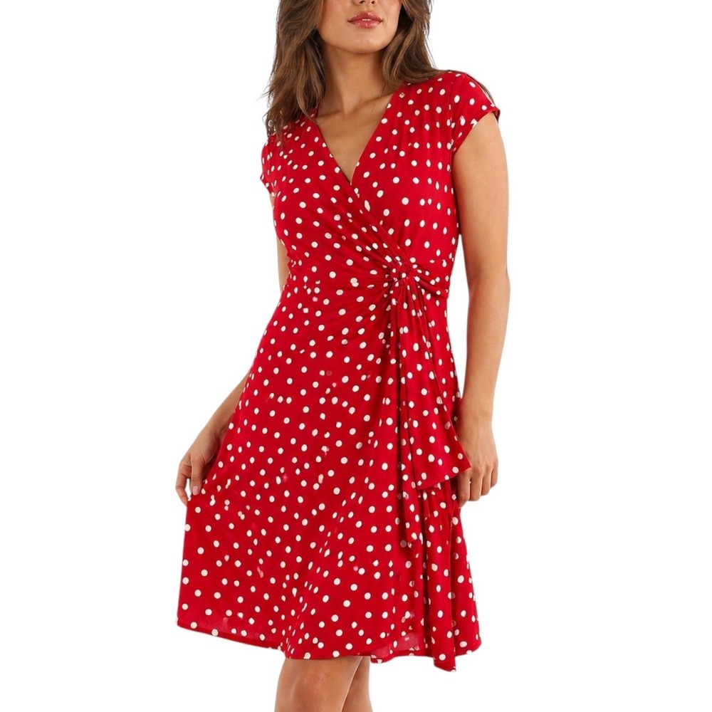 Robbie Bee Womens Red White Polka Dot Faux Wrap Midi Dress Retro Pin Up Large
